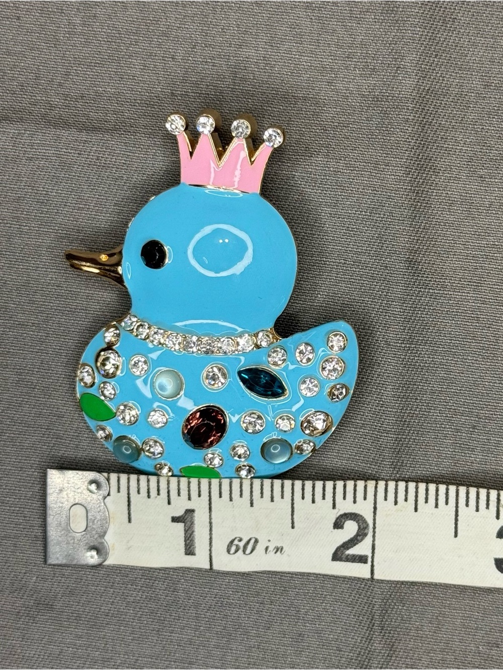 Blue Jeweled Duck Brooch with Pink Crown - Pin